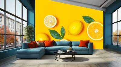 Ripe juicy lemons, orange and green leaves on bright yellow background. Lemon fruit, citrus minimal concept, vitamin C. Creative summer minimalistic background. Flat lay, top view, copy space. Wall mural