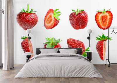 Strawberry cut out. Ripe fresh red strawberry isolated on white background. With clipping path. Summer delicious sweet berry organic fruit, food, diet, vitamins, creative layout. Mockup Wall mural