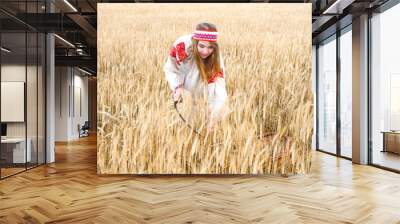 Girl in an old traditional Belarusian dress with embroidery. Young beautiful girl standing on a wheat field and reaping wheat with an old sickle. Belarusian girl. History and traditions of Belarus. Wall mural