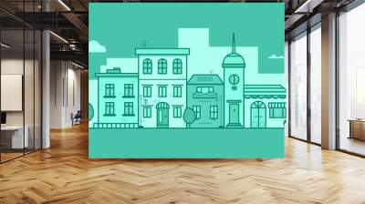 Vector monochrome flat illustration of town buildings Wall mural