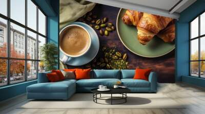 A delicious pistachio croissant on a white plate and a white cup of black coffee at the wooden table of a coffee shop. Wood background Wall mural