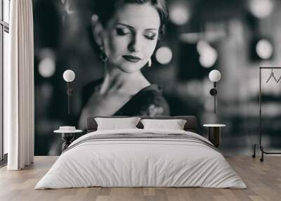 beautiful young woman Retro fashion. Black and white image Wall mural