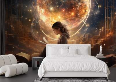 Esoteric concept: Girl reading the book of life metaphorically. Great library of records of the Akashic chronicle, Mystical knowledge archive of information in the vastness of the Universe Wall mural