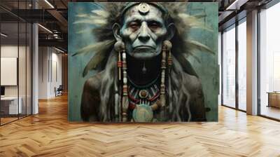 Portrait of an Indian shaman in ritual make-up and with a feather roach on his head, generated by AI Wall mural