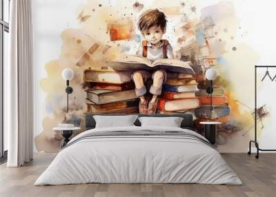 The child is engaged in self-education, disciplined reading a book, sits on a large stack of textbooks, illustration in a watercolor style, generated by AI Wall mural