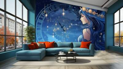 Woman, girl astrologer against the backdrop of the starry sky of the universe with the astrological zodiac circle of the natal chart and planetary transits Wall mural