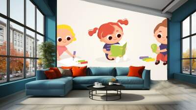 Little cute kids drawing and reading. Art class lessons. Children's activities. Set of kids in various poses.Kids at the art classes. Wall mural