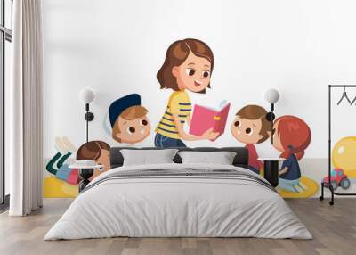 Mum nurse teacher reading book to children kids pupils in a kindergarden classroom at primary school, pre-school, home.Reading books for kids. Babysitting. Children listen to teacher. Wall mural