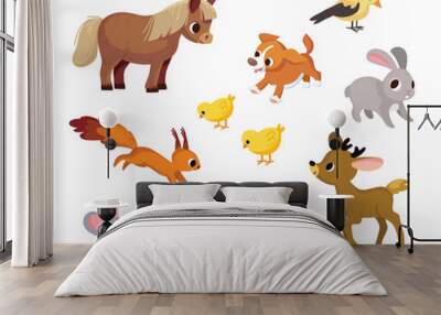 Set collection of different forest wild cartoon creatures animals. Zoo, wood or forest inhabitants, residents. Woodland animals, beast images flat isolated vector illustration. Wall mural