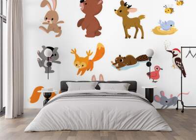 Set collection of different forest wild cartoon creatures animals. Zoo, wood or forest inhabitants, residents. Woodland animals, beast images flat isolated vector illustration. Wall mural