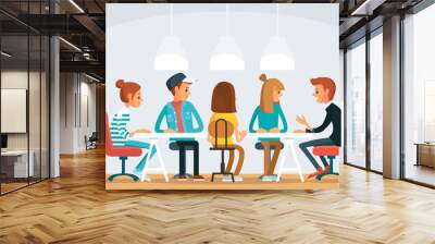 Vector picture view of coworking shared space office with freelancers working on project start up sitting at table. Collective team work small bussines entrepreneurship partnership concept. Wall mural