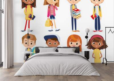 Vector set with cute kids. School children freshmans, pupils with books and school stationery supplies.Teenagers characters standing in different poses, clothes, wear.Child fashion models.Kids apparel Wall mural