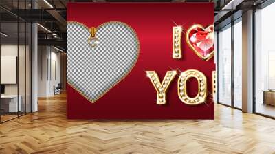 The word I love you. Gold letters in the shape of a heart with sparkling diamonds. Valentine s Day banner. Postcard photo frame with zipper closure. 3D realistic style on a dark background. Vector. Wall mural