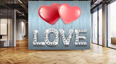 The word Love and two hearts together. White gold heart-shaped letters with sparkling diamonds. Valentine s Day banner. Greeting card. 3D realistic style on a light blue wooden background. Vector. Wall mural