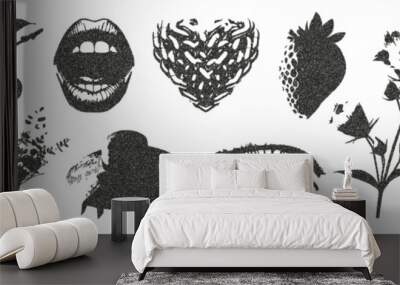 Mouth, lips, eyes, cherry, dried flowers, strawberries, hat, candy, iron heart with retro photocopy effect. Vector illustration in halftone tones for the design of Y2K collages. Vector Wall mural