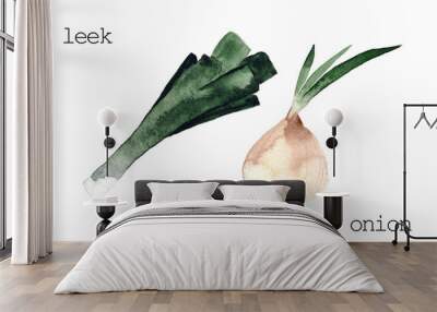 watercolor onion and leek isolated on a white background. Food illustration Wall mural