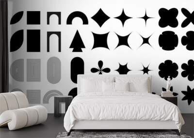 Abstract set features a variety of geometric shapes that combine elements of Brutalism, Bauhaus, Memphis and Y2K. These shapes can be used to create abstract compositions. Wall mural