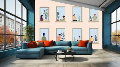 Windows with people. Neighbors in apartment. People in windows drinking tea, spending time at home. Vector cartoon illustration persons in house, illustrations isolated characters Wall mural