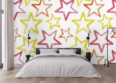 Seamless pattern yellow red star on white, watercolor textured background Wall mural