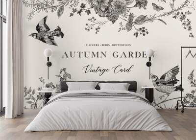 Autumn Garden. Vector horizontal card. Flowers, birds, butterflies. Black and white Wall mural