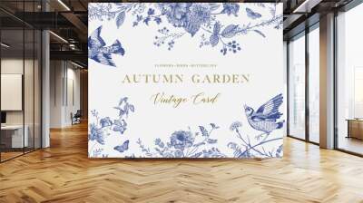 Autumn Garden. Vector horizontal card. Flowers, birds, butterflies. Blue and white. Toile de Jouy Wall mural