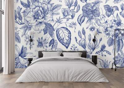 Bloom. Vintage floral seamless pattern. Spring flowers. Blue and white. Chinoiserie Wall mural