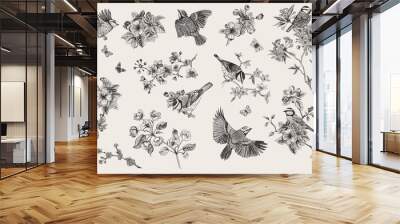 classis vintage illustration. blossom garden with tits. birds and flowers. set. black and white Wall mural