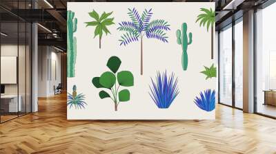 Floral Set. Exotic trees, cactus and palms. Blue and green. Wall mural