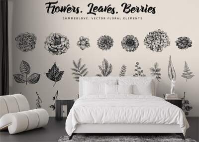 Flowers, leaves, berries set. Botanical vector vintage illustration. Summer Design elements. Black and white Wall mural