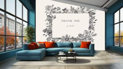 Frame with wild roses. Thank you. Vector vintage floral illustration. Black and white Wall mural