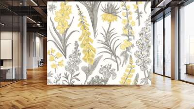 Lovely Garden. Vintage seamless pattern. Spring and summer garden flowers. Yellow and gray. Toile de Jouy. Wall mural