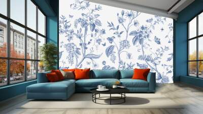 Mural. Bloom. Chinoiserie inspired. Vintage floral illustration. Blue and white Wall mural