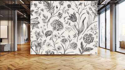 Seamless vector vintage floral pattern. Classic illustration. Black and white.. Wall mural