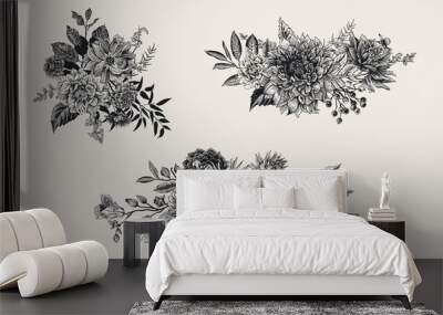 Summer and autumn set floral bouquets. Dahlias, Ruscus, Viburnum, Ranunculus. Modern floristics. Vector illustration. Black and white Wall mural