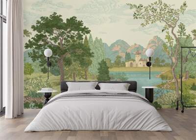 Summer landscape. Woodland. Vector vintage illustration. Wall mural