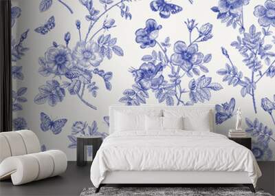 Vintage floral illustration. Seamless pattern. Wild Roses with butterflies. Blue and white. Toile de Jouy. Wall mural