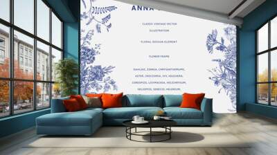 Vintage floral illustration. Wedding invitation. Autumn. Blue and white Wall mural