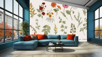 vintage vector botanical illustration. set. autumn flowers and twigs. colorful Wall mural