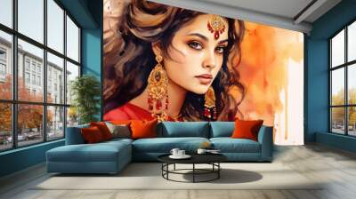 A young female of Indian ethnicity wearing traditional costumes and jewellery Wall mural