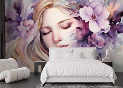 Watercolor young woman with flowers portrait art. Colorful creative watercolor illustration. Generative Ai Wall mural