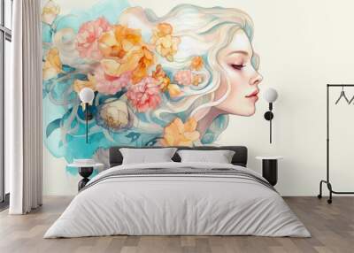 Watercolor young woman with flowers portrait art. Colorful creative watercolor illustration. Generative Ai Wall mural