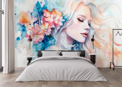 Watercolor young woman with flowers portrait art. Colorful creative watercolor illustration. Generative Ai Wall mural