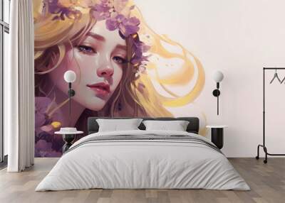 Watercolor young woman with flowers portrait art. Colorful creative watercolor illustration. Generative Ai Wall mural