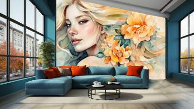 Watercolor young woman with flowers portrait art. Colorful creative watercolor illustration. Generative Ai Wall mural