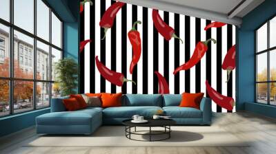 Seamless pattern with cartoon red hot chili peppers on striped b Wall mural