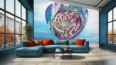 Bright heart shaped painting, talented artist painted two lizards in love. Beautiful silhouette, graphic salamander with a long tail. Draw with large strokes in pasty technique. Realistic painting art Wall mural