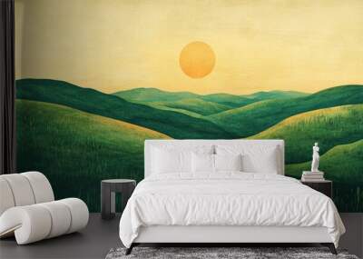 Rolling green hills bathed in golden sunlight at sunset Wall mural