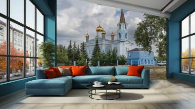 Blue multi-domed ancient church in the city of Kamensk-Uralsky (Russia) in summer. Wall mural