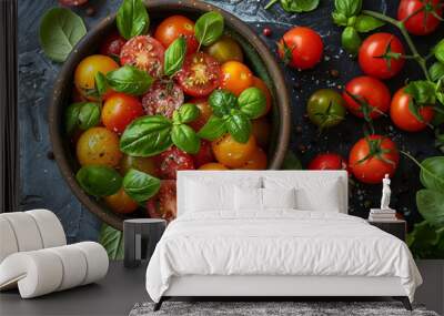 A bowl of tomatoes and basil sits on a table. The basil leaves are scattered around the bowl, adding a pop of color and freshness to the dish Wall mural