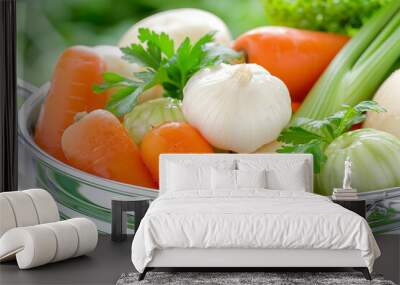 A silver bowl filled with a variety of vegetables including carrots, celery, and onions. The vegetables are all different sizes and colors, creating a vibrant and healthy-looking dish Wall mural